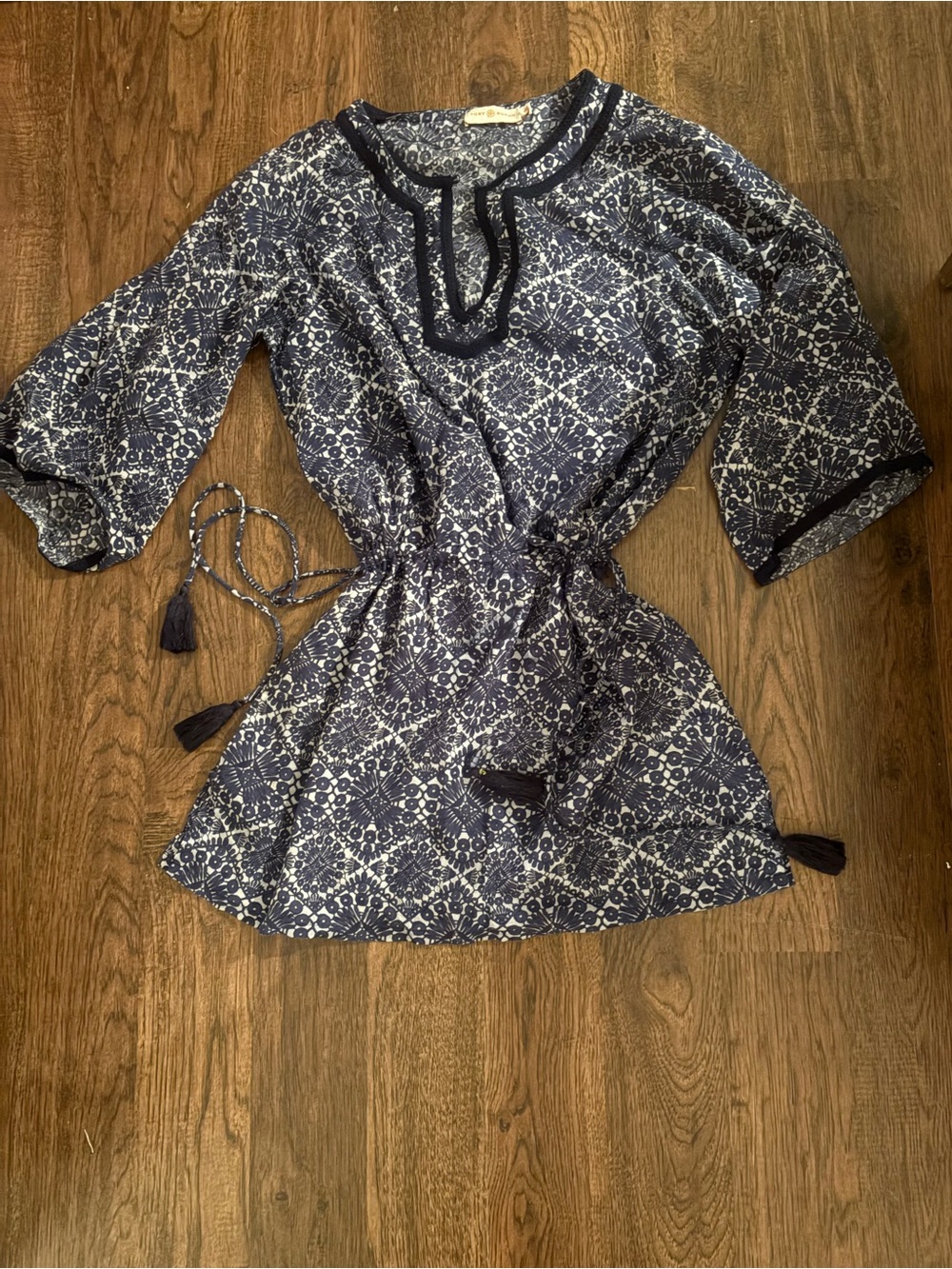 Tory Burch Navy & White Printed Tie-Waist Mini Dress